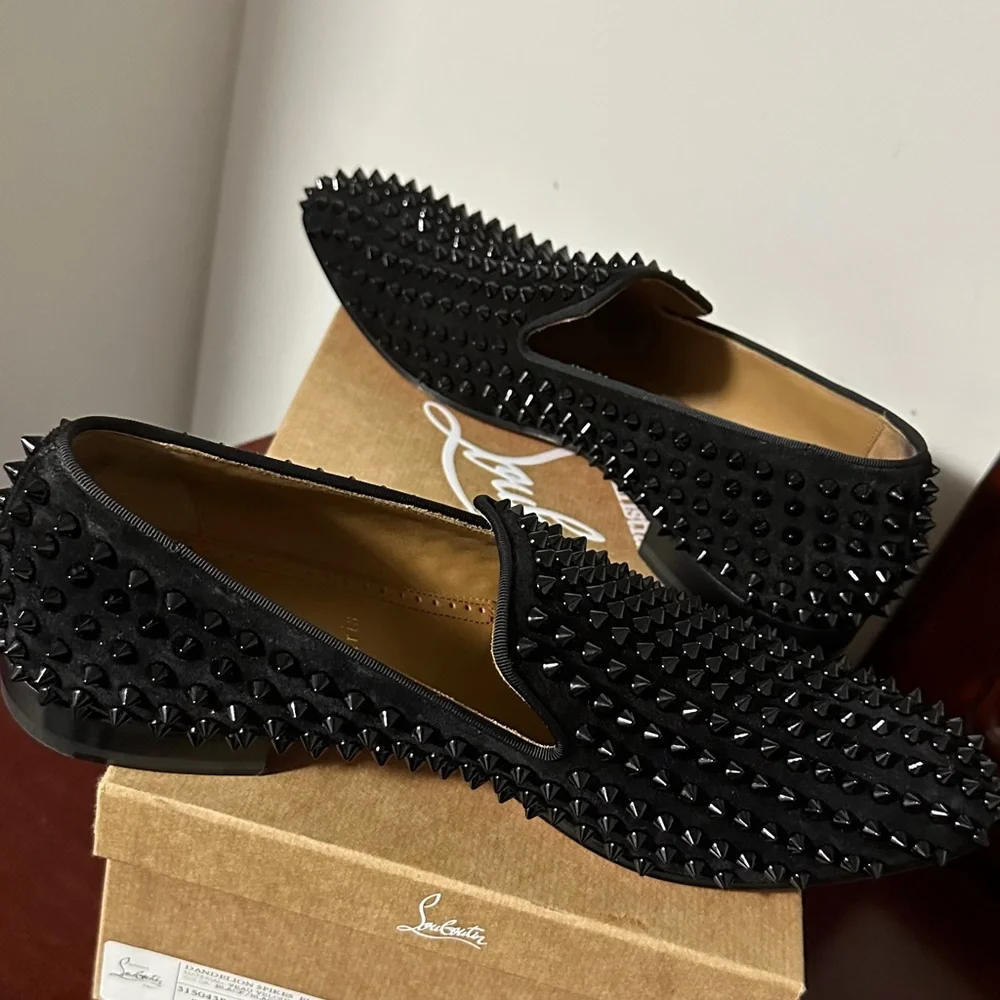 Christian Louboutin Black Velvet Studded Slip-On Loafers Size 42 Christian Louboutin Black Velvet Dandeleo Flat Slip On  main image 3